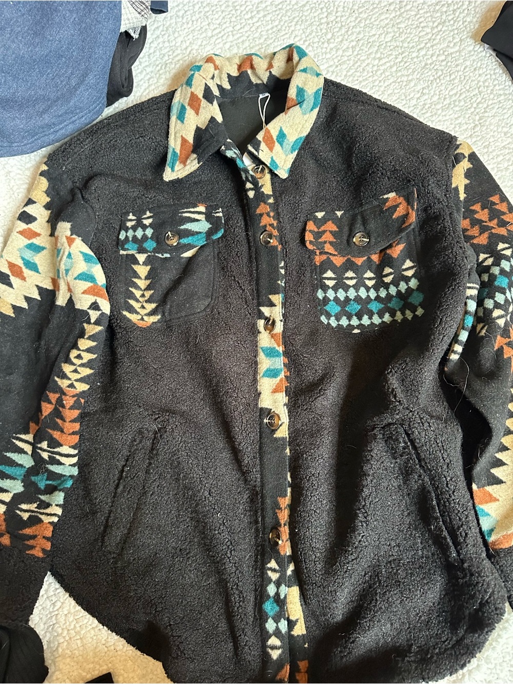 Black Sherpa Jacket with Teal & Rust Aztec Pattern